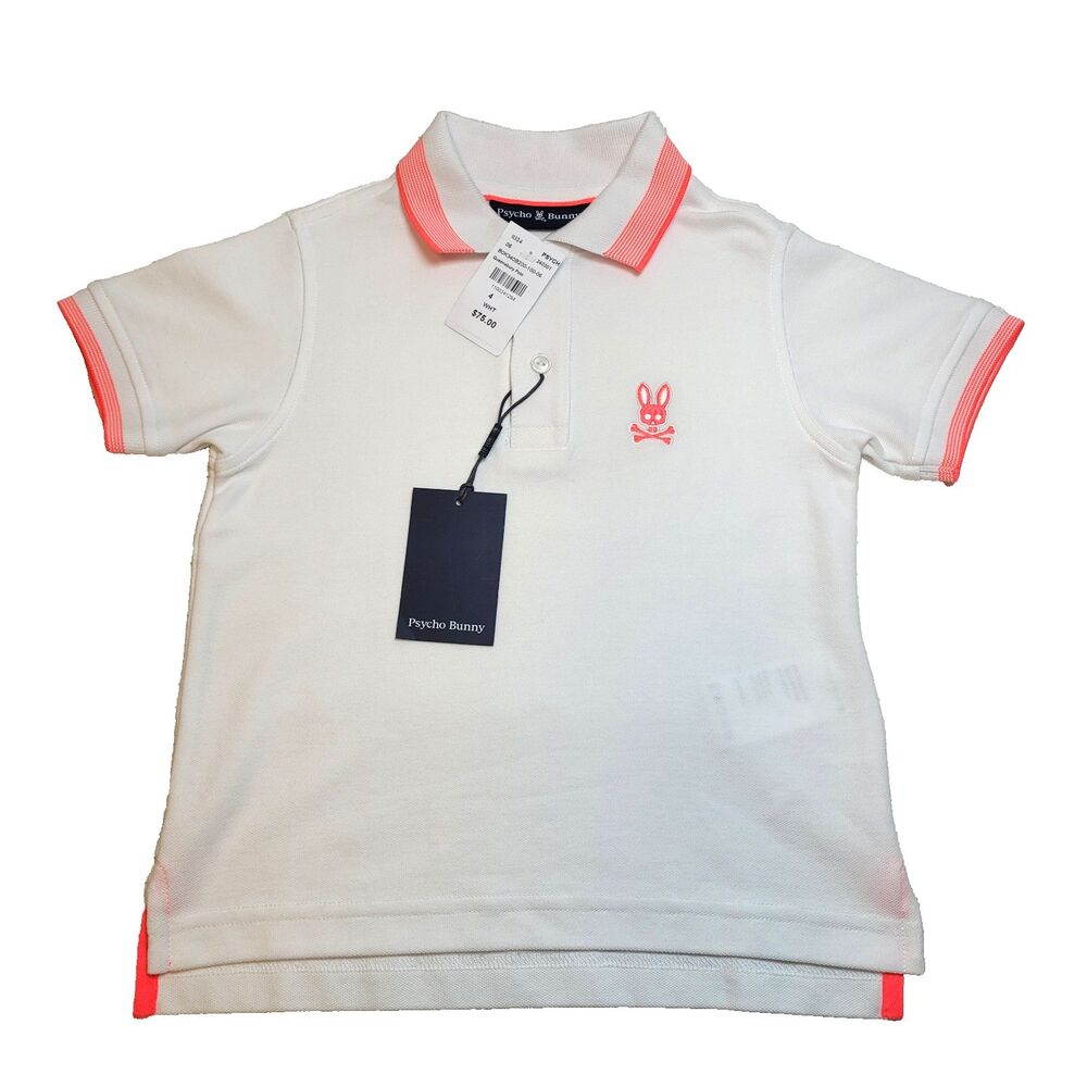 Psycho Bunny Polo Unisex Kids Size 4 White & Pink 100% Pima Stripe NWT $75